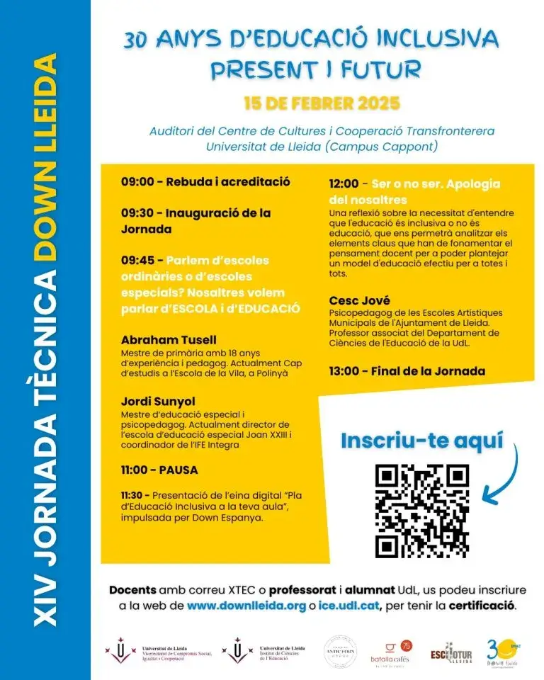 Cartell de la Jornada Tècnica sobre Educació Inclusiva de Down Lleida.