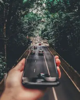 Mà amb un mòbil que es fa extensiu a una carretera amb arbres als laterals