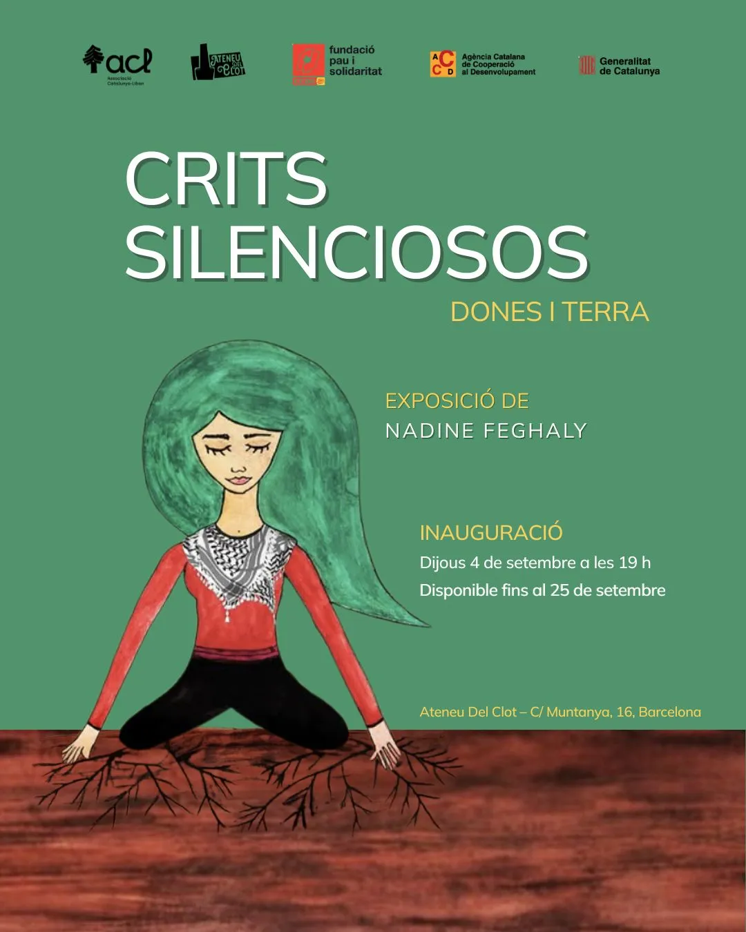 Cartell oficial de l'exposició 'CRITS SILENCIOSOS. Dones i terra del pròxim Orient'.