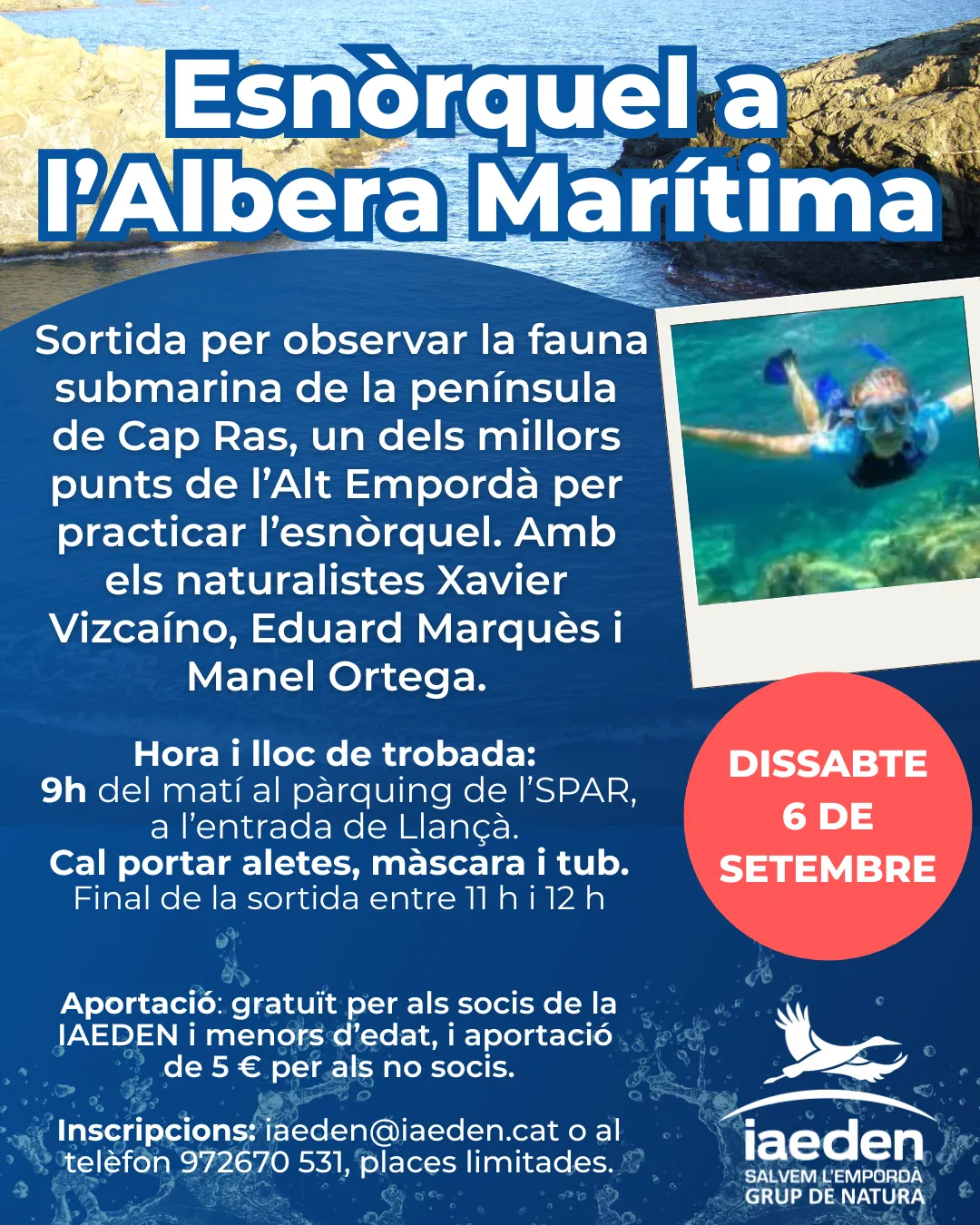 Cartell oficial de la sortida per practicar esnòrquel a l’Albera Marítima, de l'entitat IAEDEN.