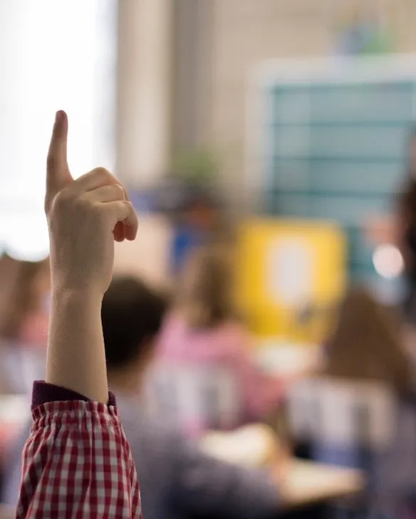 Classe on es veu un alume que alça la mà, amb la mestra de fons