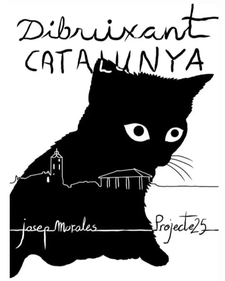Dibuix d'un gat negre amb la frase Dibuixant Catalunya