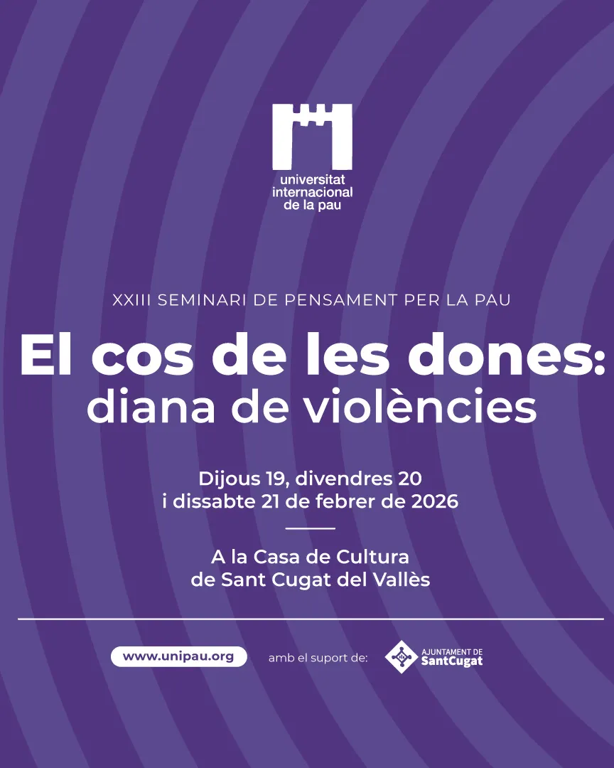 Cartell del Seminari 2026. La imatge és lila amb una mà que té una diana al centre.