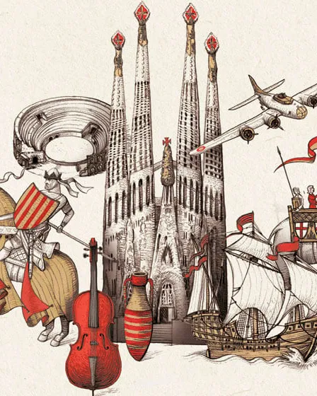 Imatge amb diferents elements associats a Catalunya com Sant Jordi i la Sgrada Família.