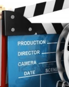 Imatge amb diferents elements dibuixats associats amb el cinema, crispetes, una claqueta i una cinta de  vídeo.