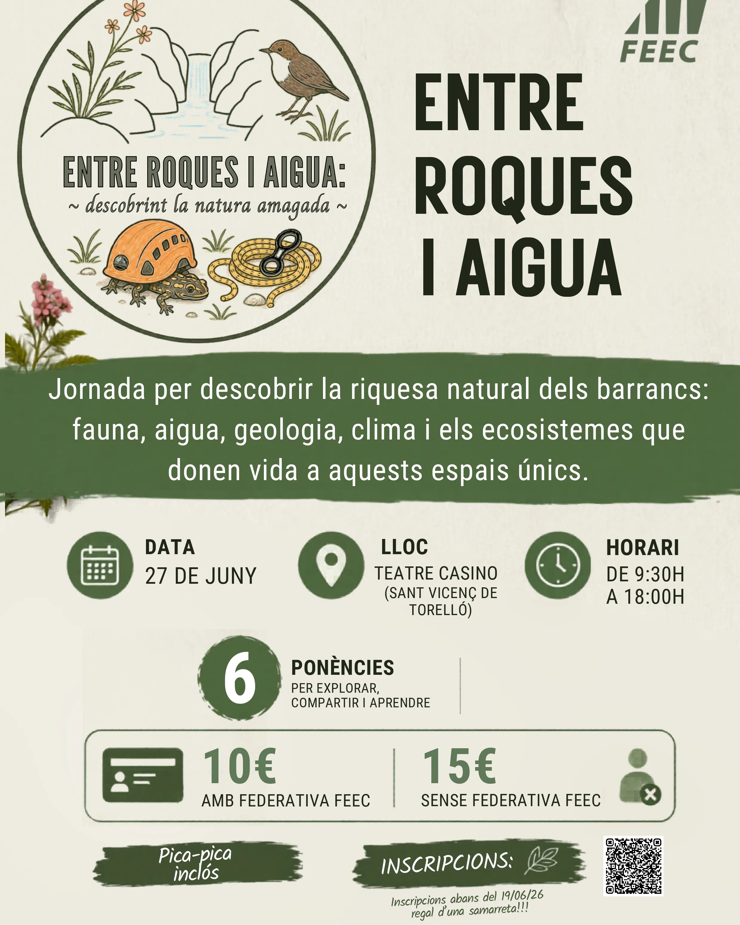 Cartell oficial de l'activitat 'Entre Roques i Aigua: una jornada per redescobrir els barrancs'.