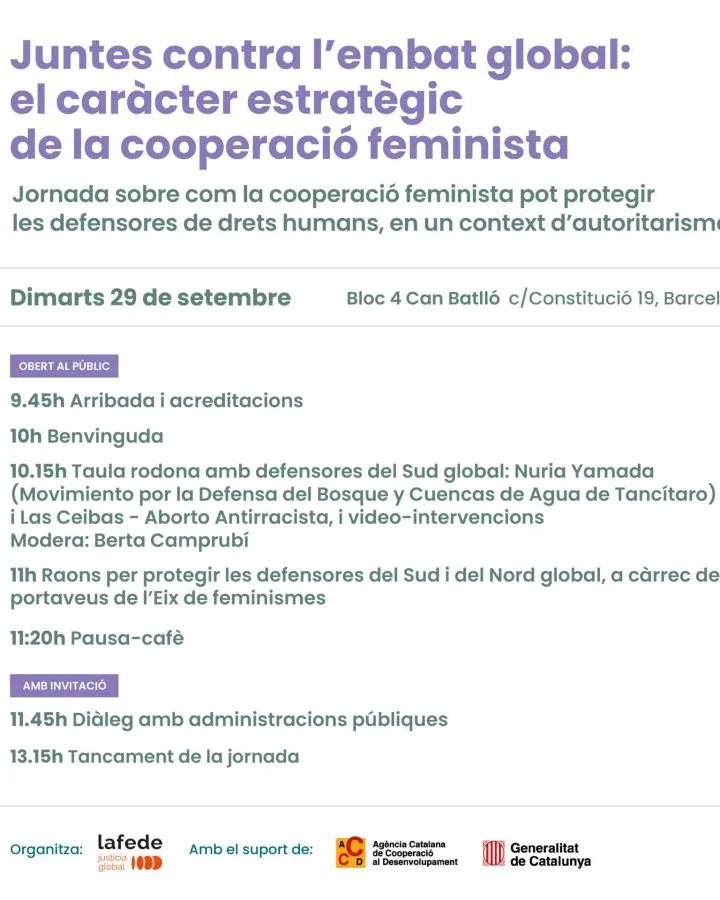 Cartell oficial de la jornada 'Juntes contra l'embat global: el caràcter estratègic de la cooperació feminista'.