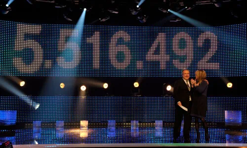 Fotografia del plató de tv3 amb la xifra final de la jornada a la pantalla
