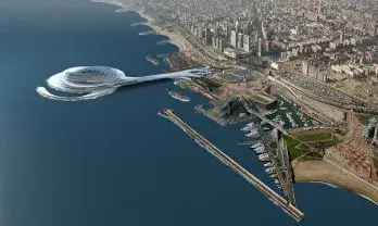 Una imatge virtual d'un possible Camp Nou sobre el mar.