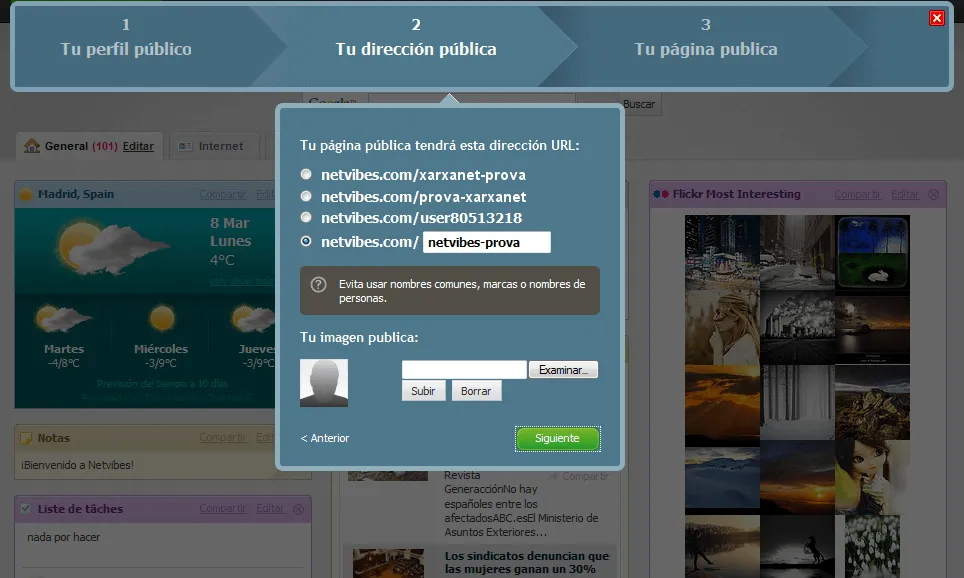Segon pas del formulari per crear una pàgina pública