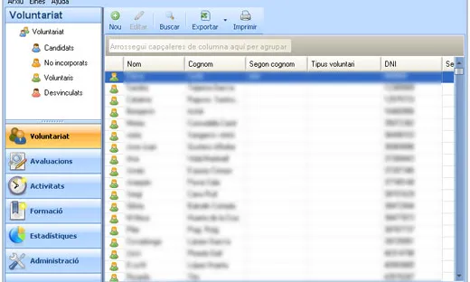 Interface de l'eina d'Aplicació de getsió del Voluntariat 