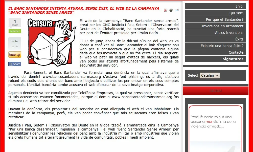 Plana web "El banc Santander sense armes"