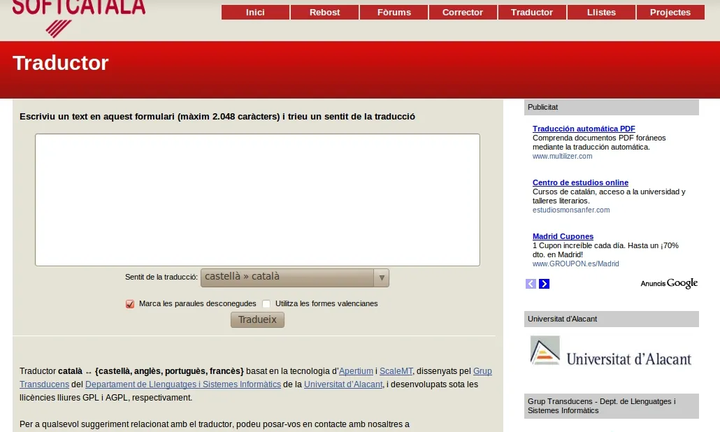 Captura de pantalla del nou traductor de Softcatalà