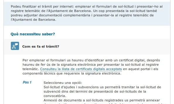 Web de l'ajunt. de Barcelona per a fer un tràmit de subvenció amb certificat