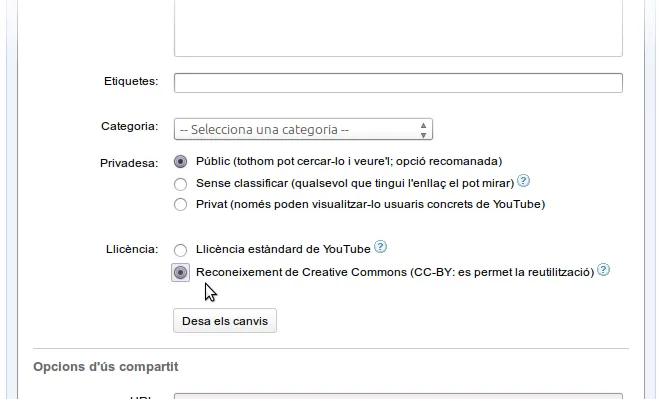 Apartat on hem d'indicar que volem usar una llicència creative commons