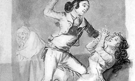 Dona maltractada amb bastó. Dibuix de goya