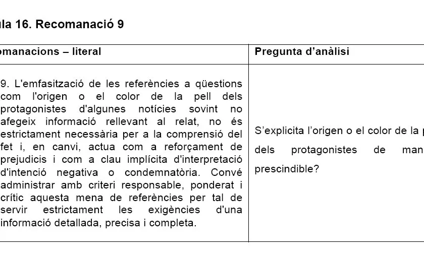 Taula extreta de l'Informe