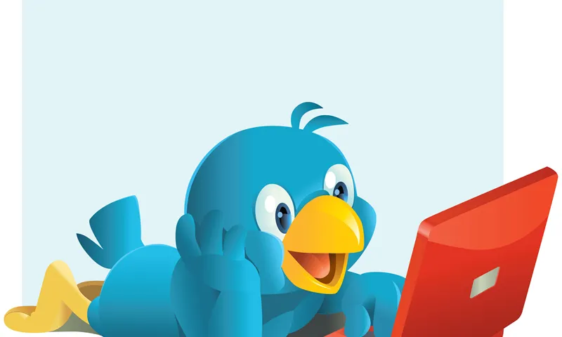 L'ocell icona de Twitter fent servir un ordinador