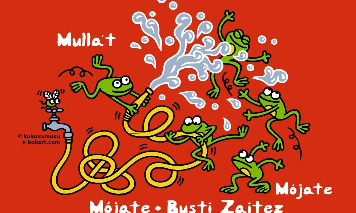 Il·lustració feta per Kukuxumusu d'unes granotes jugant a mullar-se