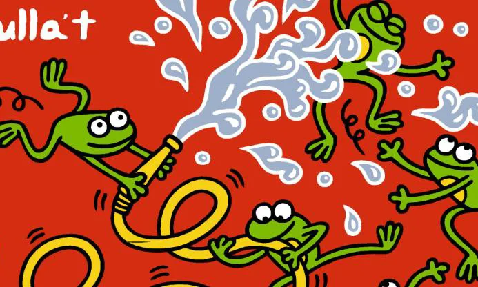 Il·lustració feta per Kukuxumusu d'unes granotes jugant a mullar-se