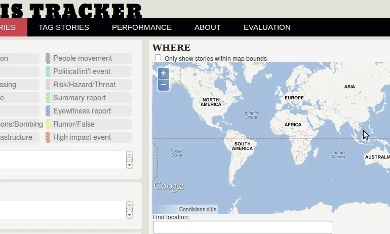 Captura de la plana web de CrisisTracker