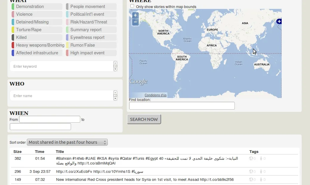 Captura de la plana web de CrisisTracker