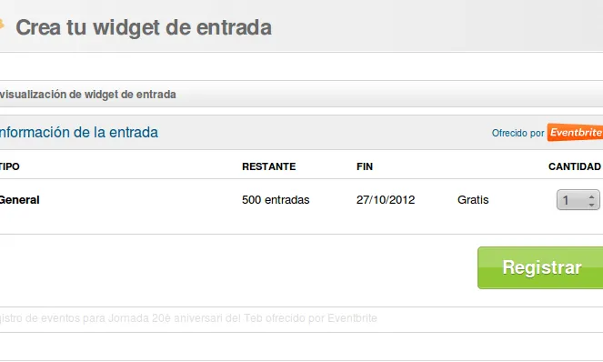 Es poden crear botons, widgets i inserir el registre d'Eventbrite