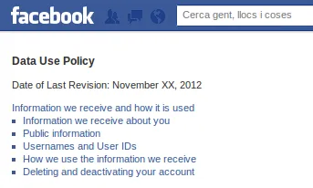 La pàgina de polítiques de privacitat de Facebook