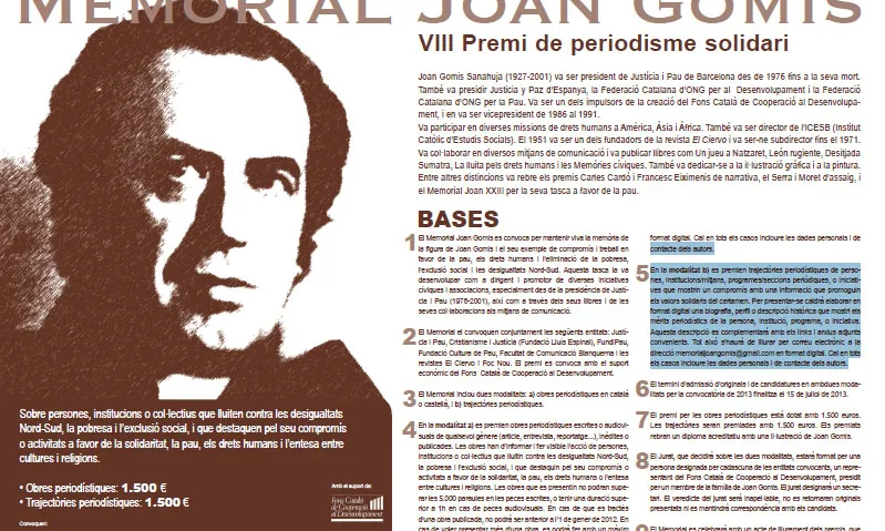 Memorial Joan Gomis: VIII Premi de Periodisme Solidari
