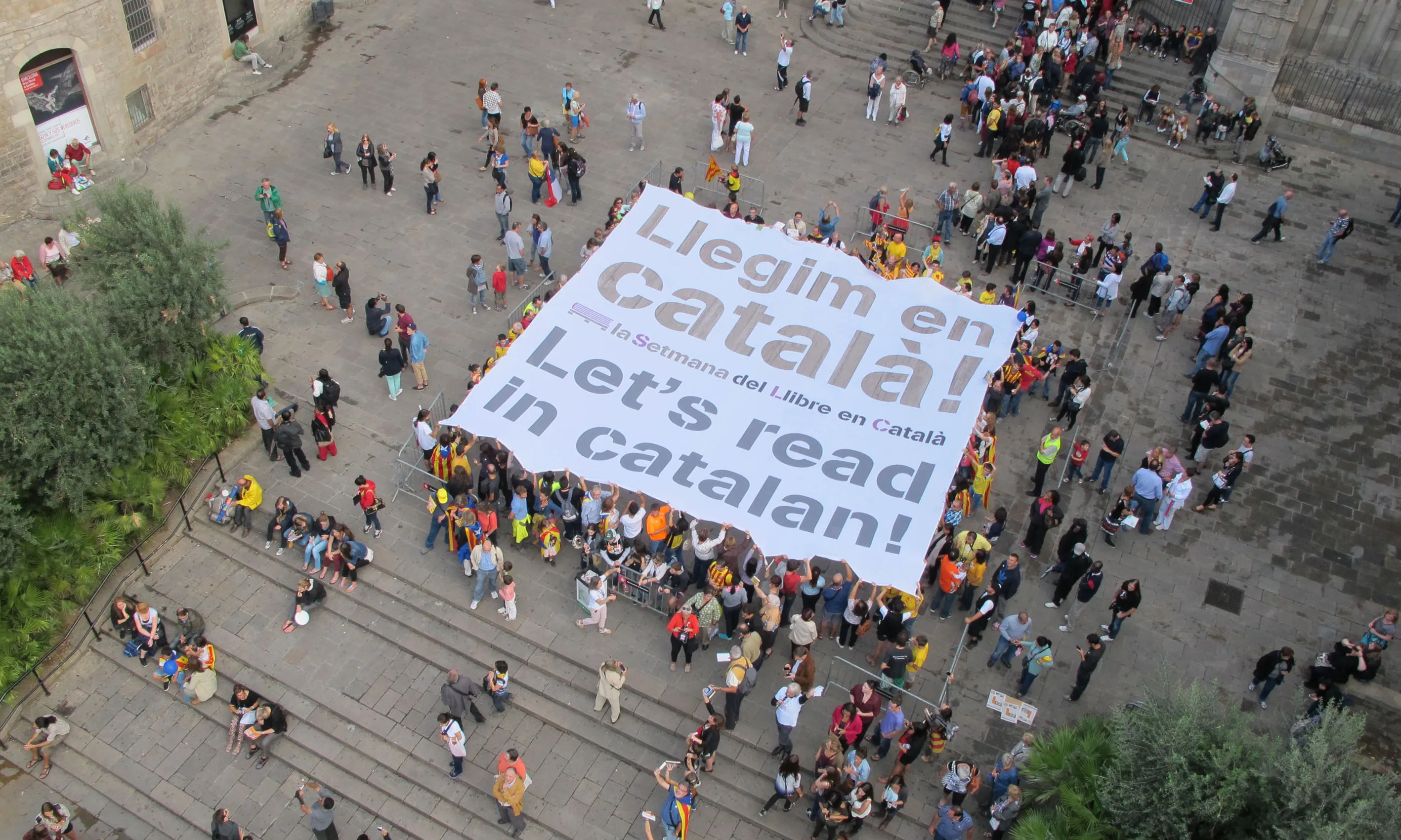 L'Avinguda de la Catedral amb la pancarta "Llegeix en català"