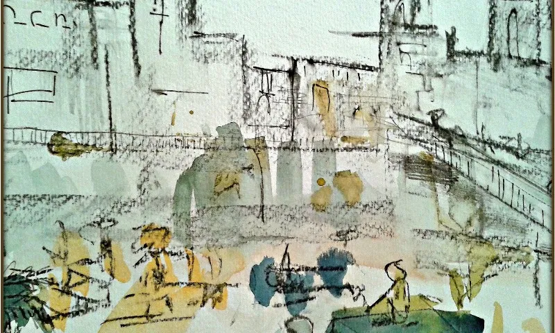 Dibuix de la Baixada d'Andròmines per l'Onyar. Imatge: Girona Urban Sketchers