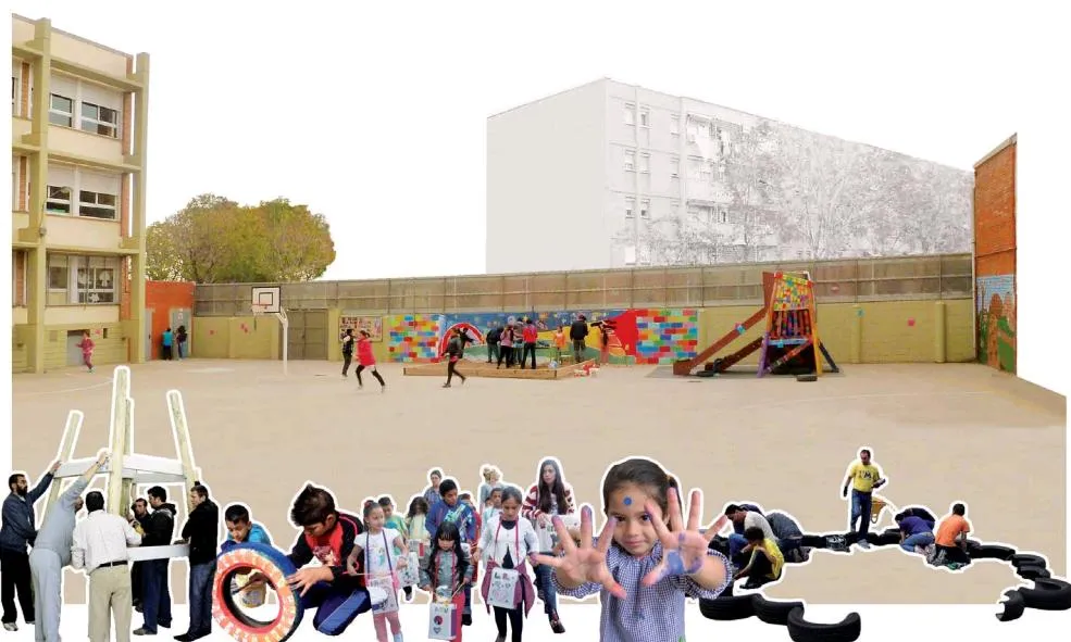 Fotomuntatge del projecte "Fem Comunitat transformant el pati de l'escola"