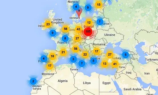 Mapa amb la distribució d'actes de la European Code Week 2015