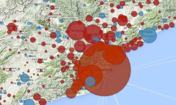 Mapa de l'aigua en funció del nombre d'habitants que reben un subministratment públic o privat ( imatge:aiguaesvida.org)