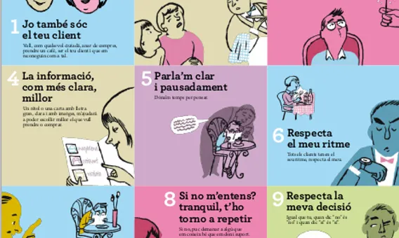Caràtula del decàleg "10 pautes per donar suport a una persona amb discapacitat intel·lectual com a client"  (Font: Dincat)