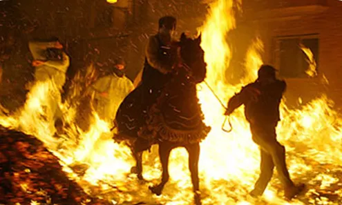 Diverses festes populars han incoroporat pràctiques tradicionals de tortura i patiment als animals. A l'imatge, cavalls sobre el foc a Vlanova d'Alcolea, a Castelló (imatg:faada.org)