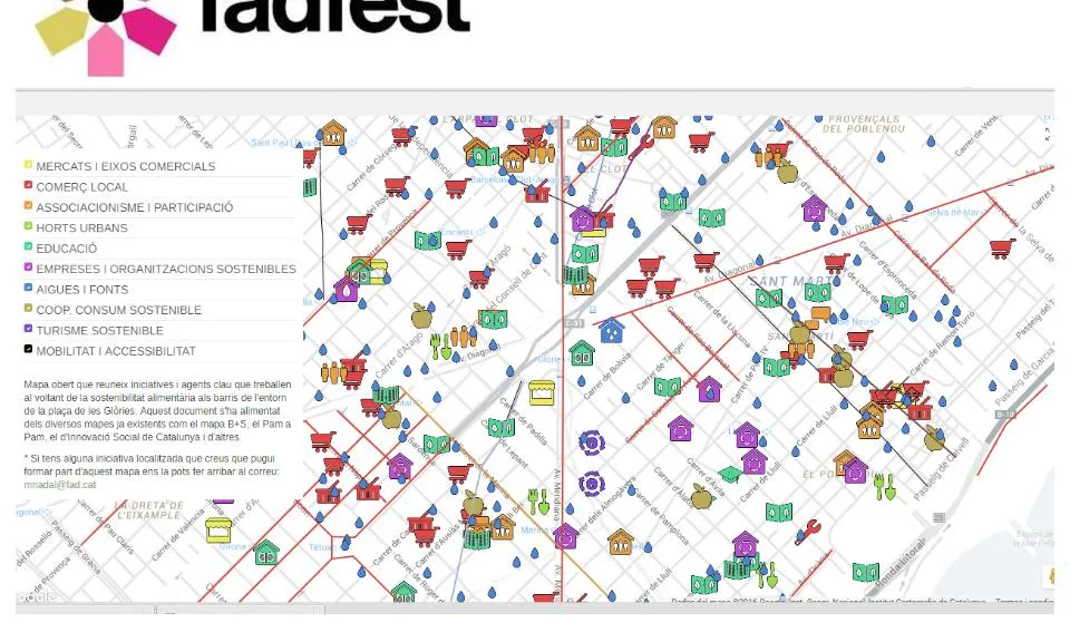 Mapa obert que reuneix iniciatives i agents clau que treballen al voltant de la sostenibilitat alimentària als barris de l'entorn de la plaça de les Glòries (imatge:fadfest.cat