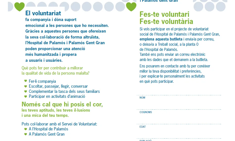 Tríptic d'inscripció al programa de voluntariat social de l'hospital de Palamós (Font: Serveis de Salut Integrats Baix Empordà)