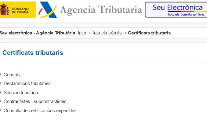 Web Agència Tributària apartat sol·licitud certificats