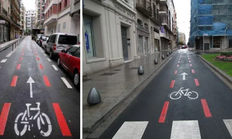 Exemples de carrils senyalitzats per a bicicletes a Sant Sebastià (esquerra) i Reus (dreta)