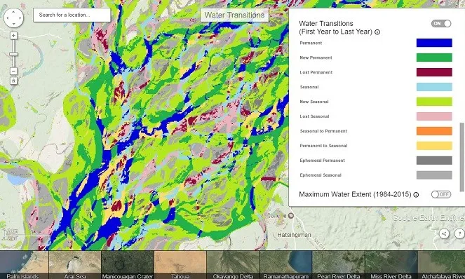 Una nova eina mostra les variacions a l'aigua superficial al planeta (imatge: Global Surface Water Explorer)