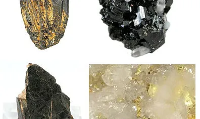 4 dels anomenats minerals de sang, utilitzats per fabricar dispositius electrònics. Imatge de Rob Lavinsky. Llicència d'ús CC BY SA 30