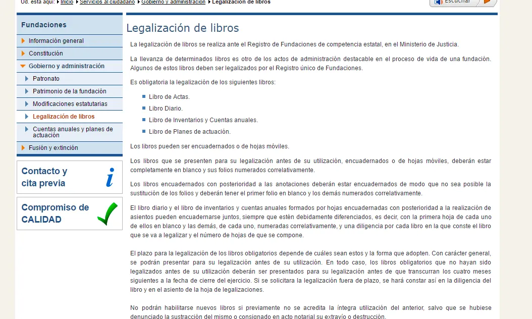 Captura de pantalla del web on s'expliquen els requisits de la legalització de llibres. Font: Ministeri de Justícia