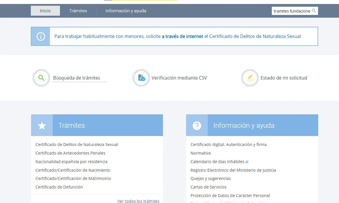 Captura de pantalla de la seu electrònica des d'on s'han de fer els tràmits. Font: Ministeri de Justícia