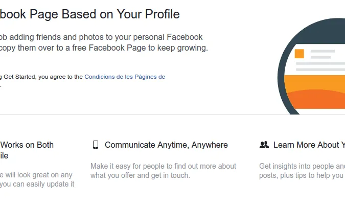 Captura de pantalla de la opció de Facebook per convertir un compte personal en una pàgina de Facebook. 