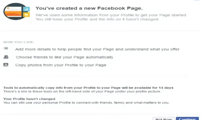 Captura de pantalla del procés de transformació de convertir una compte personal de Facebook en una pàgina de Facebook. 
