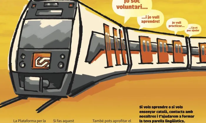 Cartell de la iniciativa "El Tren de la llengua", que promou les parelles lingüístiques als trens