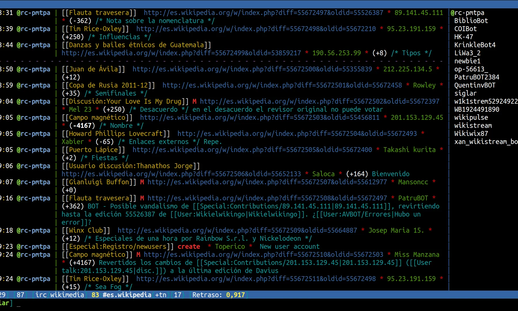 Captura de pantalla d'un client de IRC