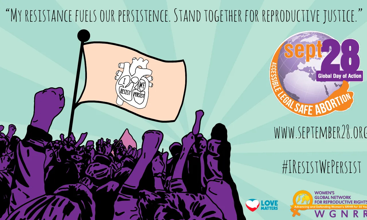 Cartell de la convocatòria pel Dia Internacional per la Despenalització de l’Avortament: #IresistWepersist