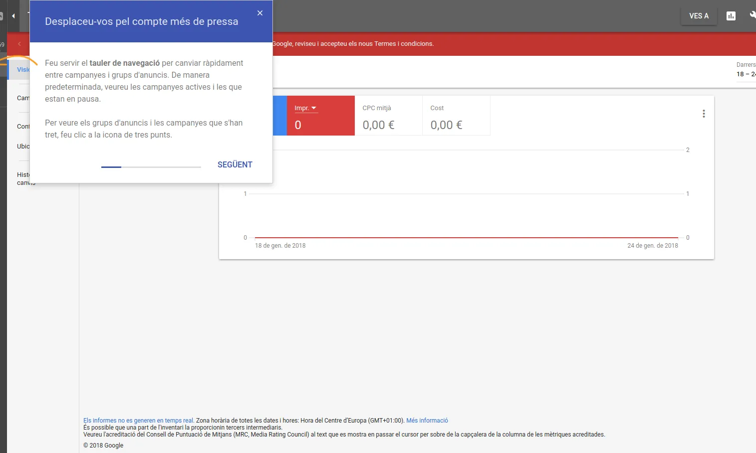 Captura imatge del nou panell de control de Google Adwords